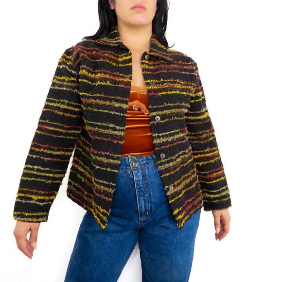 1990s Mirasol Black Colorful Striped Bohemian Jacket Small - Picture 5 of 7